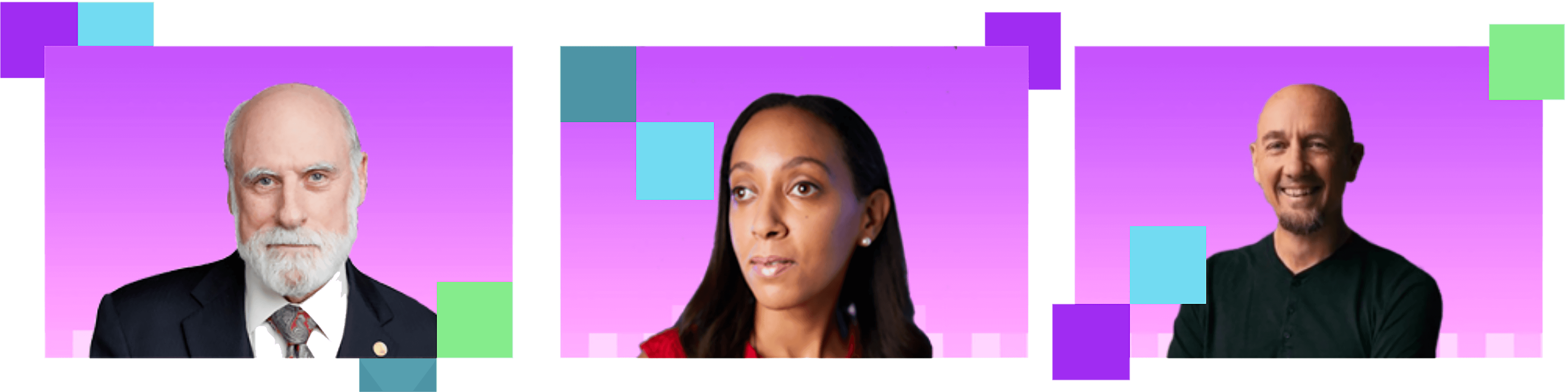 Headshot of Vint Cerf, Haben Girma, and Dylan Barrell