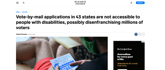 Screenshot of Buisiness Insider article on vote-by mail applications not being accessible to people with disabilities