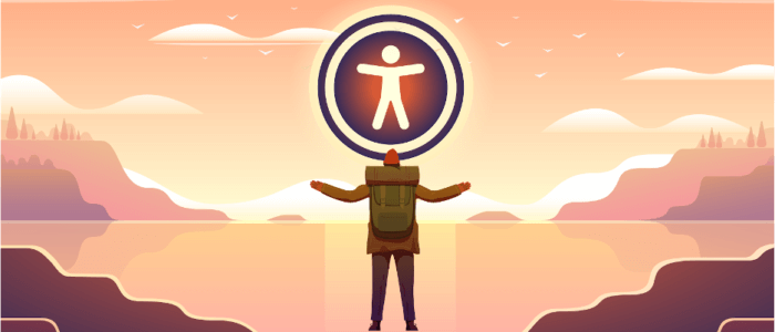 illustration of person on journey looking at the horizon which has a11y symbol in the sun