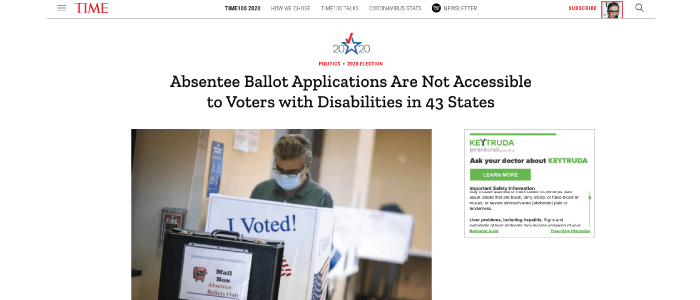 Screenshot of Time article: Absentee Ballot Applications are not accessible to voters with disabilities in 43 states