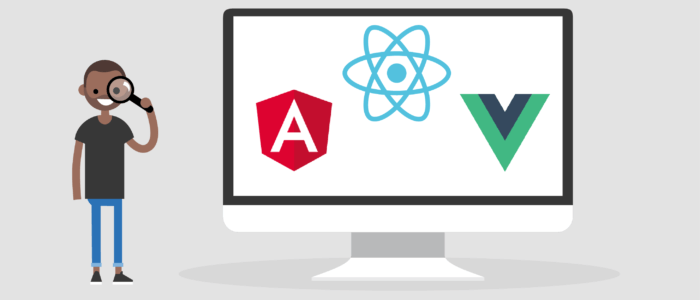 Developer inspecting angular, react, and vuejs