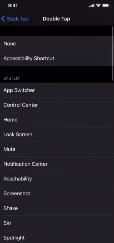 Screenshot of backtap and the available controls you can trigger with a double tap, like app switcher, home, screenshot and more. 