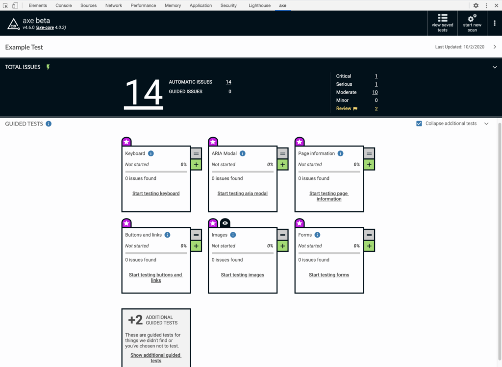 Screenshot of new Intelligent Guided Tests in refreshed axe extension UI