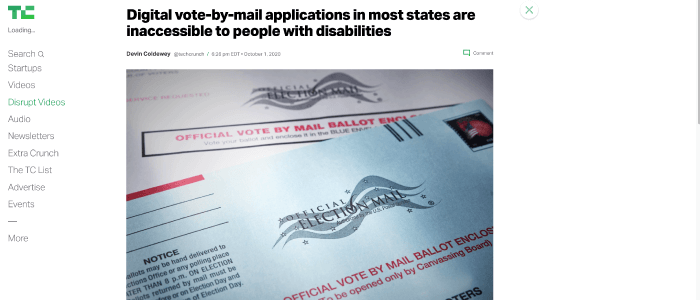 Screenshot of TechCrunch article: Digital vote-by-mail applications in most states are inaccessible to people with disabilities