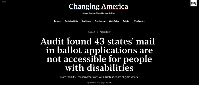 Screenshot of The Hill Article: Audit found 43 states' mail-in ballot applications are not accessible for people with disabilities