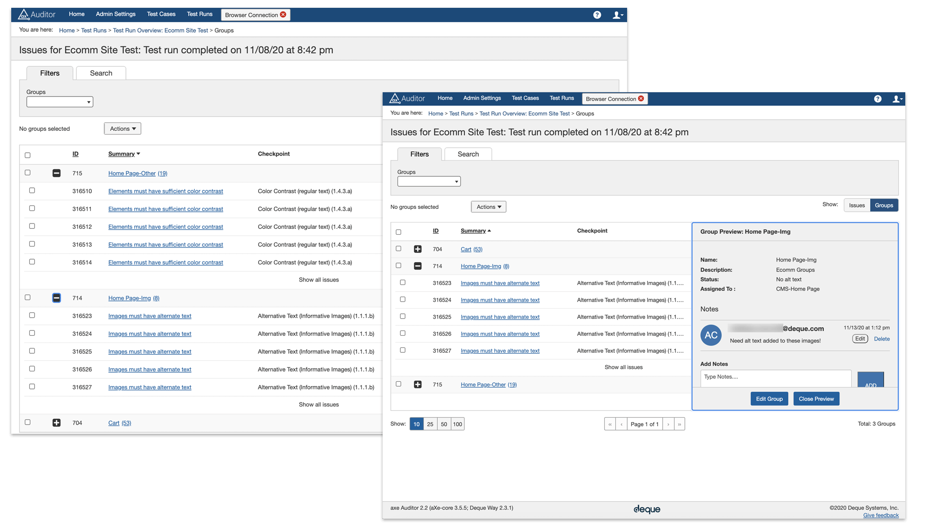 Screenshots of axe Auditor depicting grouped issue lists