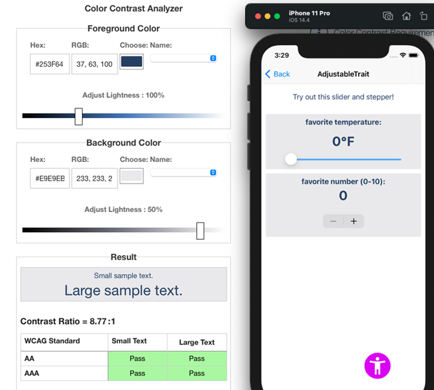 The Color Contrast Analyzer shows that the dark blue used against a light gray background (which is displayed in the app) has an 8.77:1 color contrast ratio.