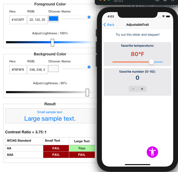 The contrast analyzer again, now showing most iOS apps has a color contrast ratio of 3.75:1