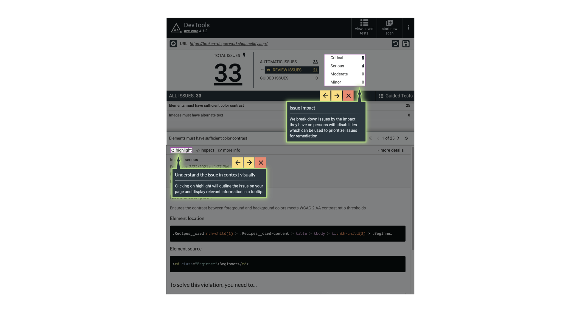 Screenshot of Issue Impact and Highlight features in the axe DevTools extension