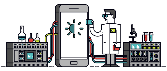 Illustration of a scientist pretending to physically adjust the contrast on a giant mobile device