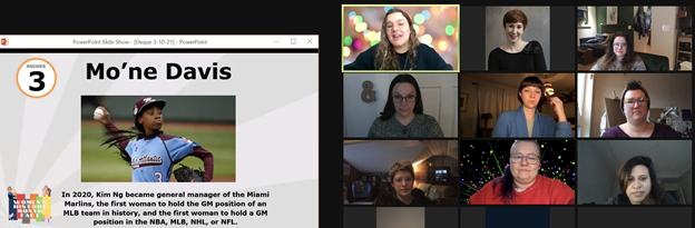 Zoom participants with their videos on, reacting to a screen-shared trivia question
