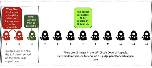 12 icons representing each judge in the 11th circuit. 2 in red saying Winn-Dixie doesn't sell online so it doesn't have to be accessible. 1 dissenting. 9 saying it needs to be reheard by all.
