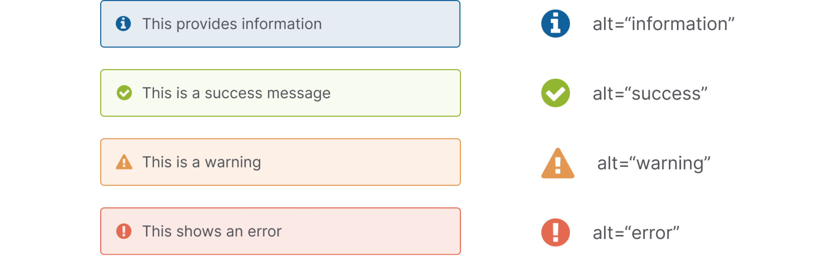 Four alert designs, the first is blue and is meant to provide information, the second is green and shows a success message, the third is orange and shows a warning message, and the fourth is red and meant to show an error.