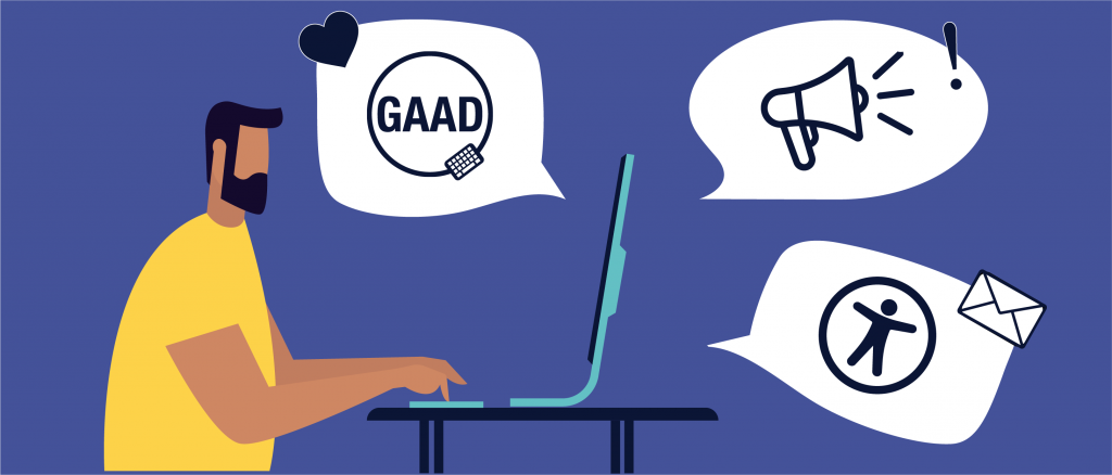 Illustration of a man working at a computer. Speech bubbles with accessibility and Global Accessibility Awareness Day Icons pop out.
