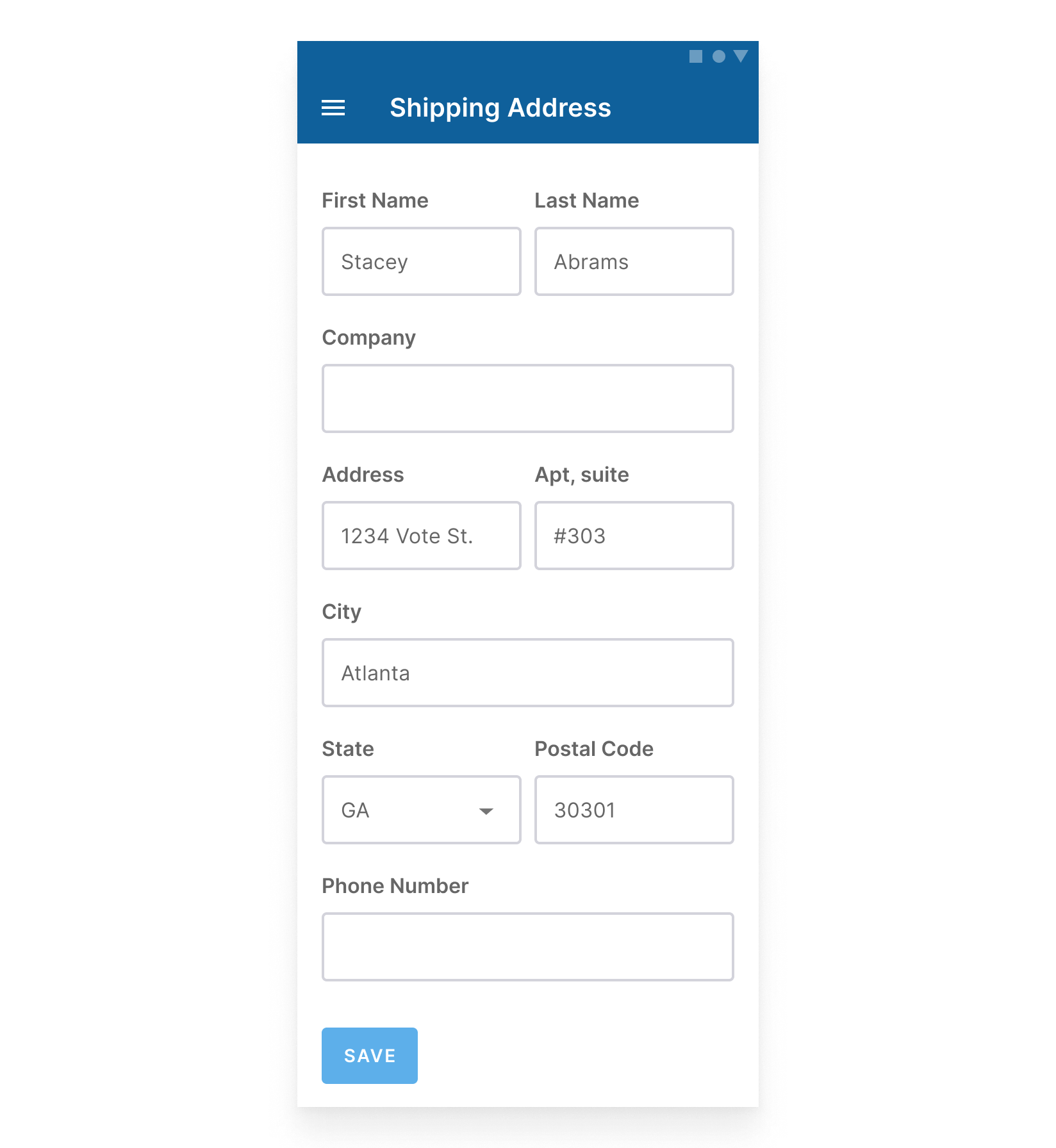 An Android app page for Shipping Address that includes: First Name, Last Name, Company, Address, Apt/suite, City, State, Postal Code and Phone Number, then a "save" button.