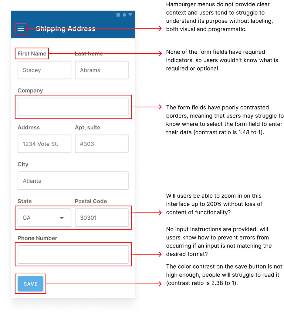 An Android native app design for a Shipping Address form where issues are highlighted showing accessibility and usability issues.