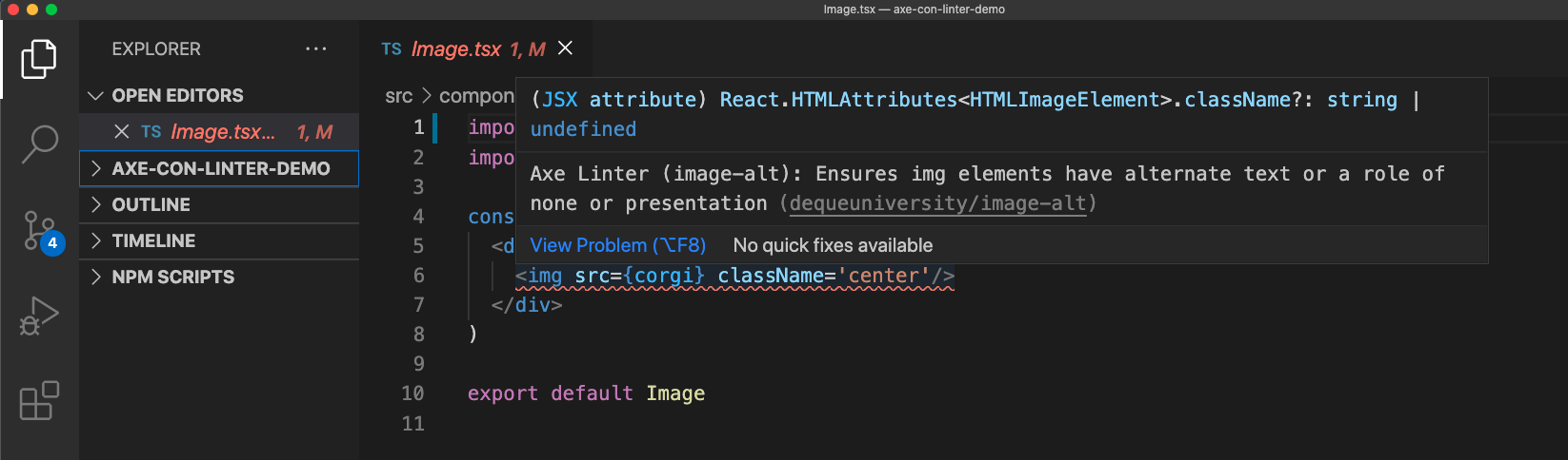 Screenshot of axe-linter extension in VS Code.
