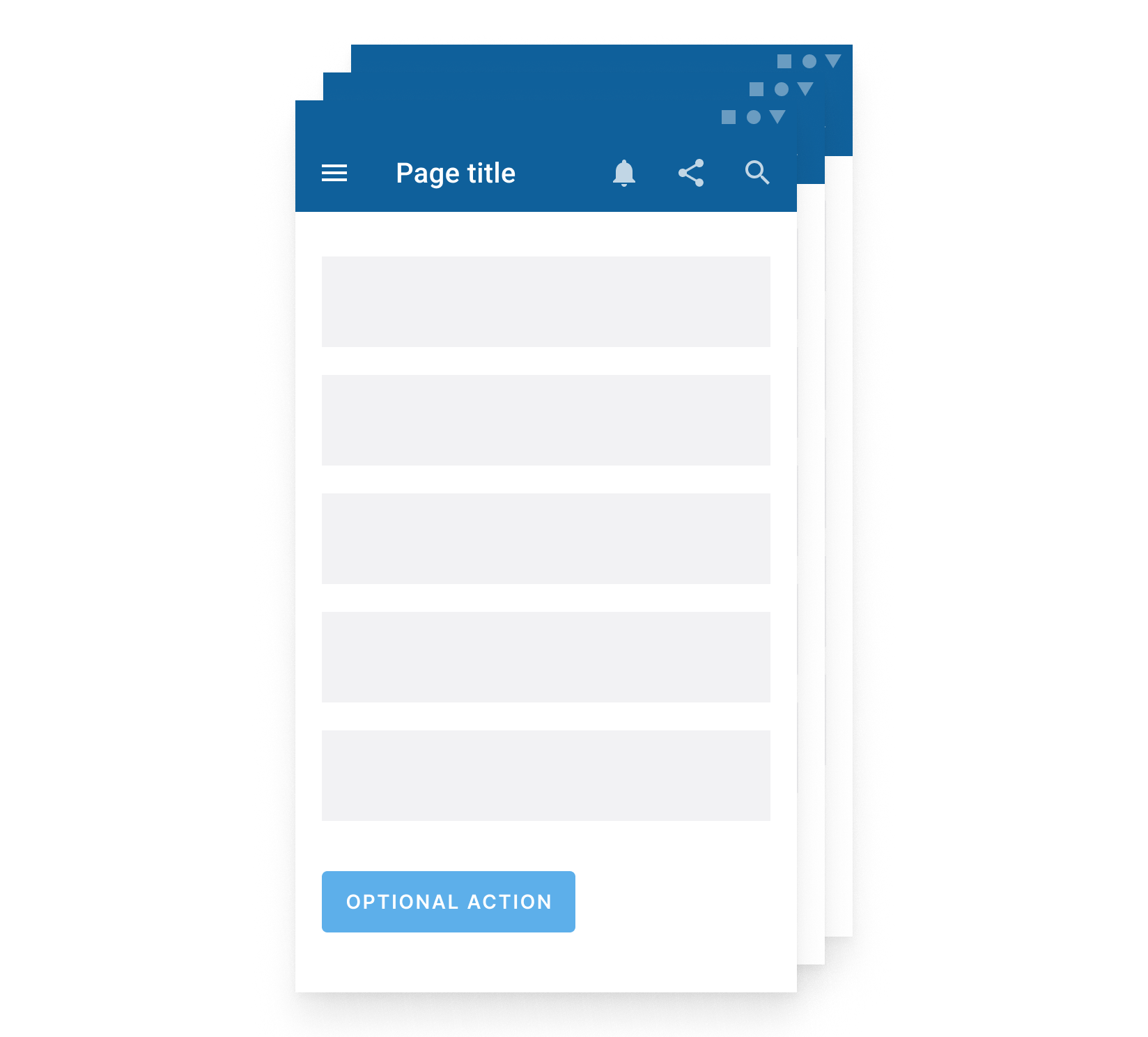 A pile of pages in an example Android app with placeholder content, a heading area and a call-to-action button.