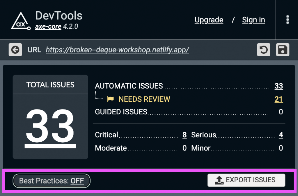 Screenshot of new Issue Summary in axe DevTools extension highlighting the Best Practices "On/Off" and Export Issues