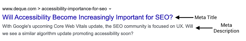 A screenshot example of metadata in a search engine listing. The meta title is the clickable blue link in search engine listings, while the longer-form field below it is the meta description.