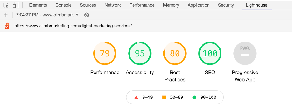 A screenshot of a Google Lighthouse report for the author’s agency’s website. The report provides scores for four major areas - Performance, Accessibility, Best Practices, and SEO.