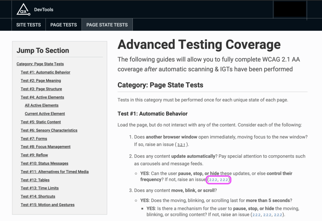 Screenshot of "Page State Tests" to help you with advanced testing coverage after automated and IGT has been completed.