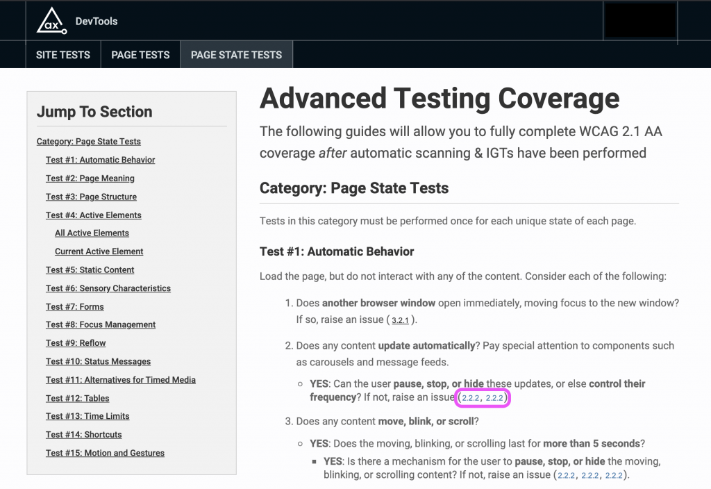 Screenshot of "Page State Tests" to help you with advanced testing coverage after automated and IGT has been completed.