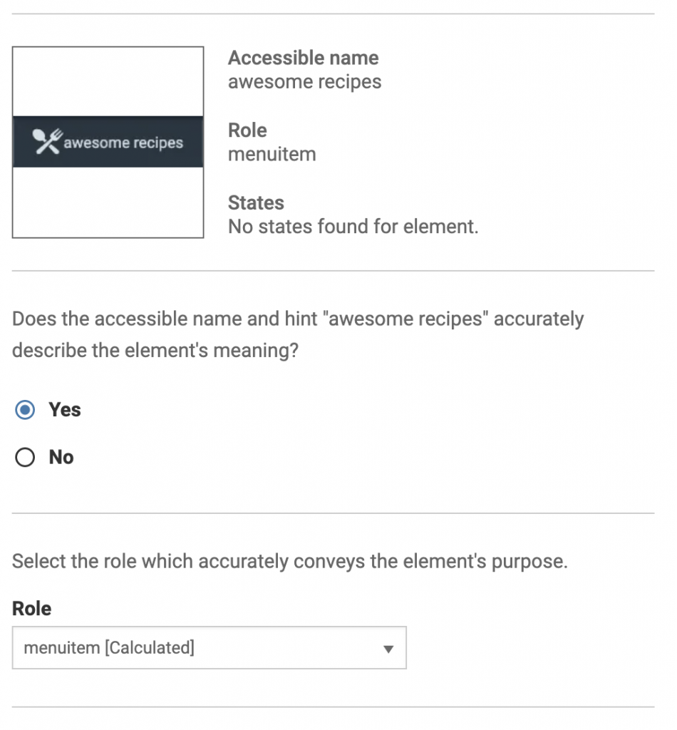 Screenshot of accessible name and role questions in new Interactive Elements IGT.