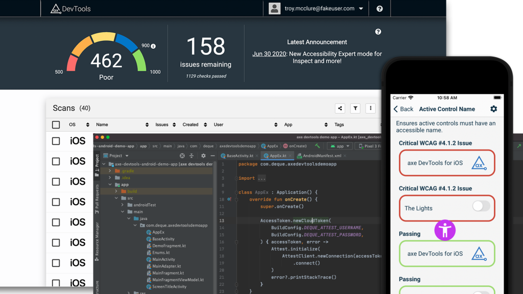 Screenshots of axe DevTools iOS and Android dashboard and tools.