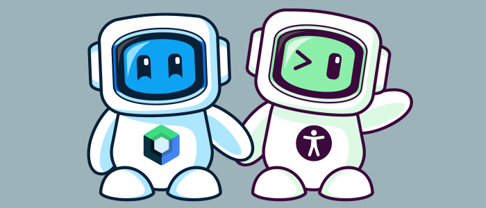Two cute robots holding hands, one with a Jetpack Compose logo and the other with the Accessibility icon.
