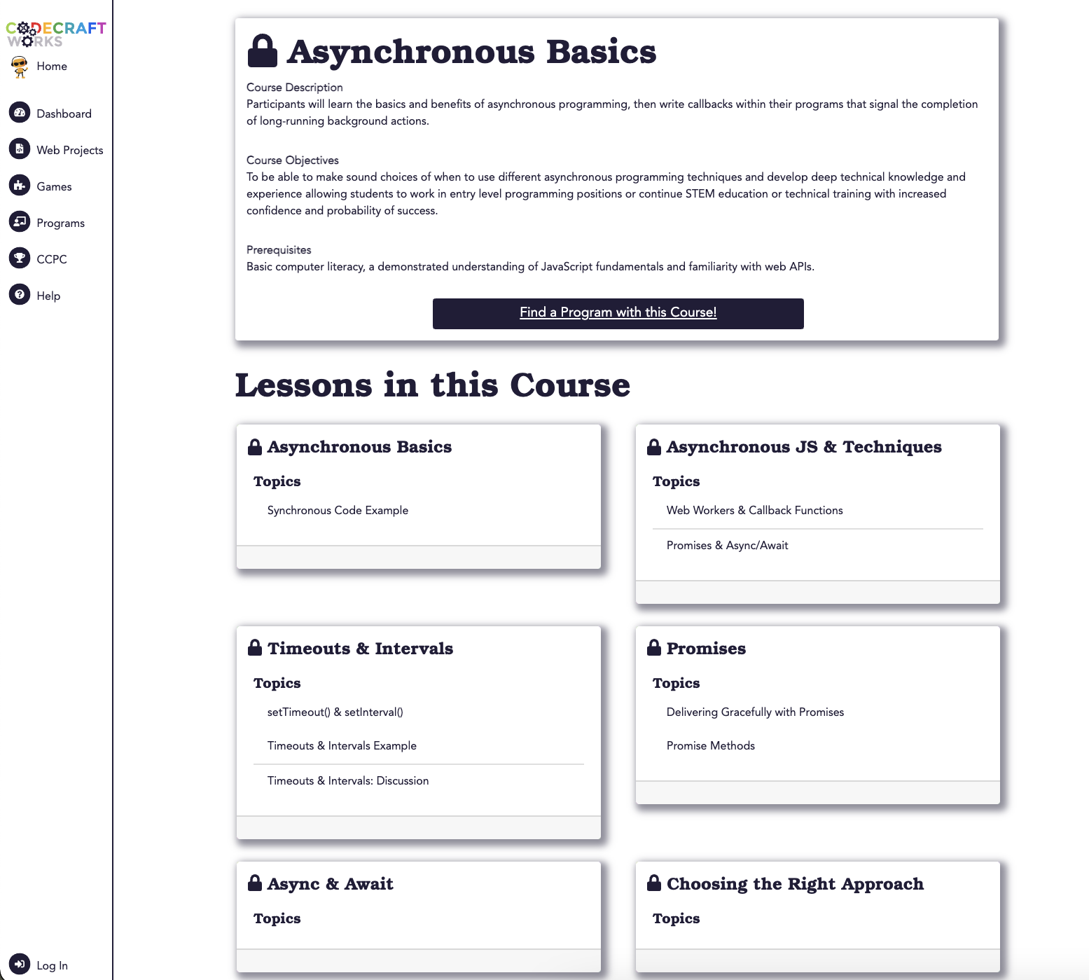 Screenshot of the Asynchronous Basics course on Codecraft Works.