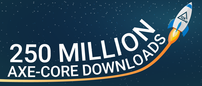 Illustration of a rocket with the axe logo riding a sharp upturned line and the text 250 million axe-core downloads