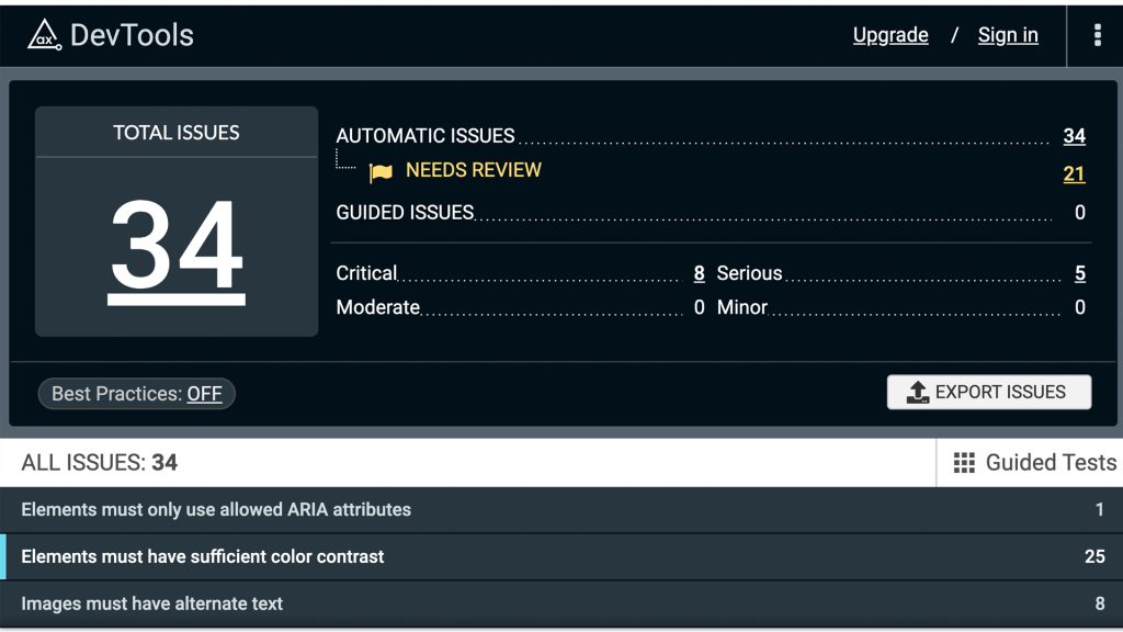 Screenshot of automated issue results in axe DevTools Chrome extension.