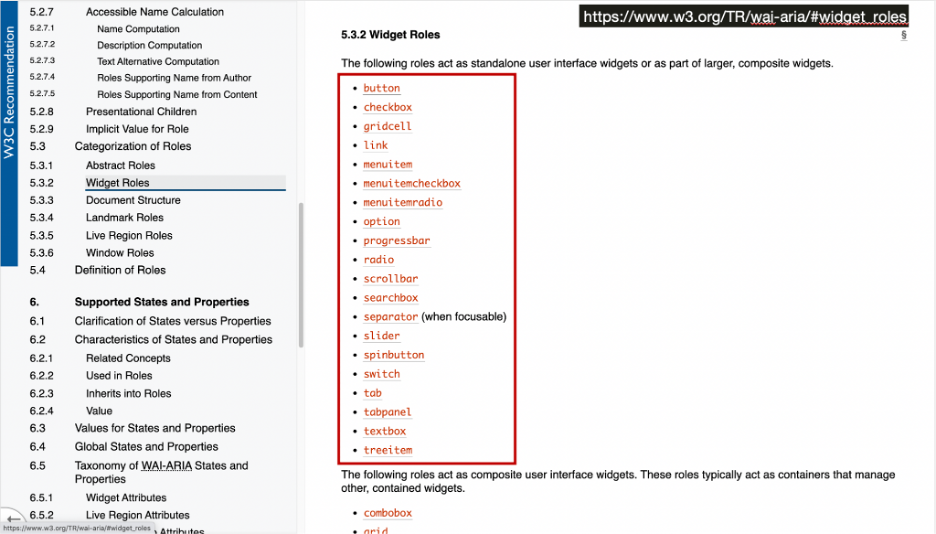 Highlighting the 29 interactive Widget Roles from the ARIA spec.