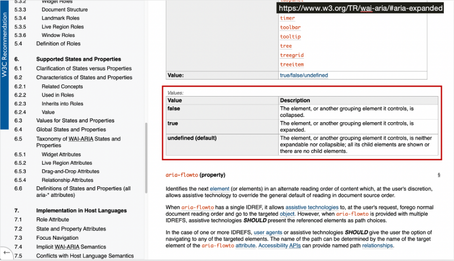 Highlighting the Values table of the aria-expanded state definition, with true, false, or undefined as acceptable values.