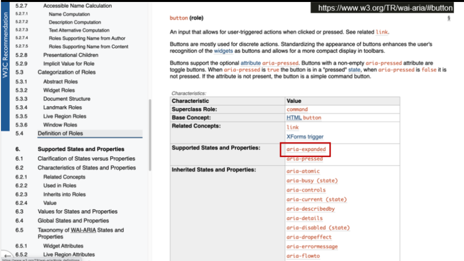 The button role definition from the ARIA spec with a table of characteristics, including supported states and properties with the aria-expanded state highlighted.