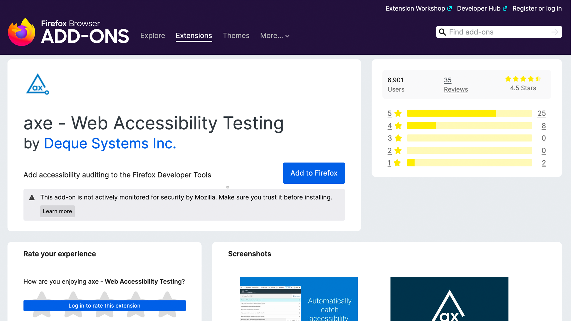 Screenshot of Firefox axe DevTools web store page.