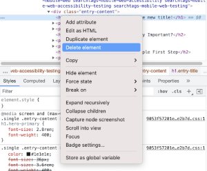 A screen capture of the Google Chrome element inspector showing HTML markup and style properties. The right click context menu is open and shows the "Delete Element" option in a highlighted hover state.