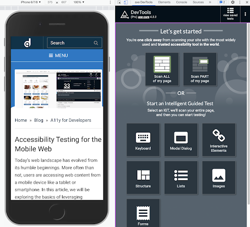 This image shows a screen capture of Google Chrome using the device emulation feature. The axe DevTools Browser Extension is also open and allows one to test a website as if they were on a mobile device.