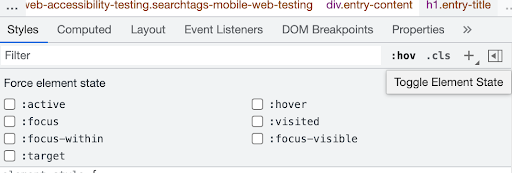 A screen capture of the Google Chrome style properties inspector. Checkbox options to toggle the state are available: active, hover, focus, visited, focus-within, and focus-visible.