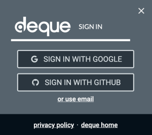 Screenshot of Sign in modal within the axe DevTools extension with options to Sign in with Google, Sign in with Github or Sign in with email.