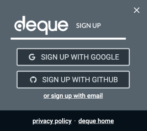 Screenshot of Sign up modal within the axe DevTools extension with options to Sign up with Google, Sign up with Github or Sign up with email.