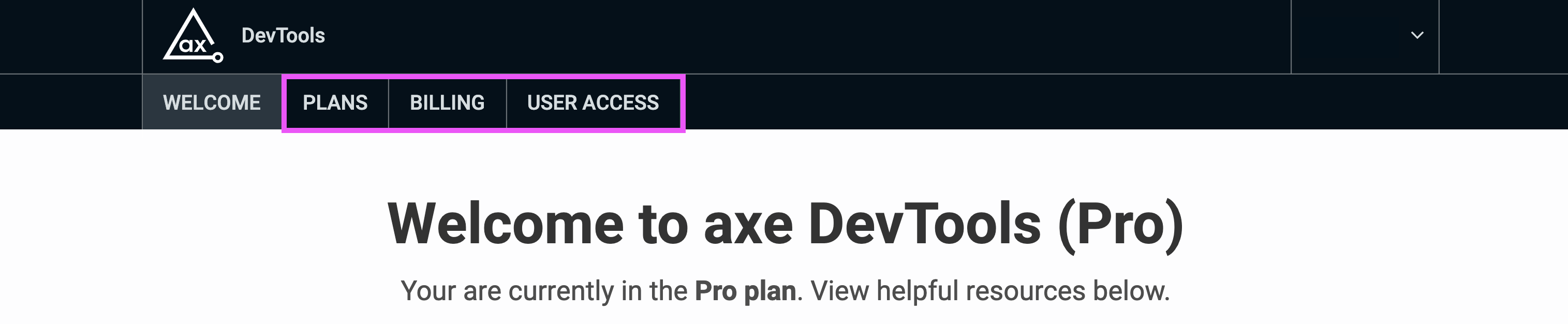 Screenshot of axe.deque.com and new tabs for managing your account for axe DevTools Pro: Plans, Billing, and User Access.