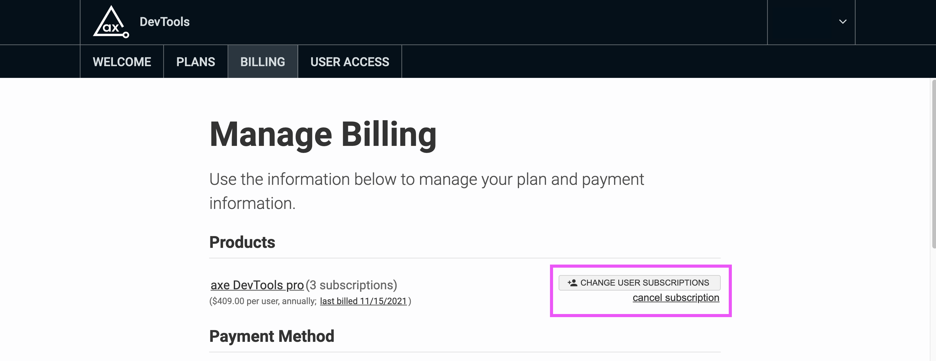 Screenshot of axe.deque.com showing new option to Change User Subscriptions online when you're on the 'Billing' tab.
