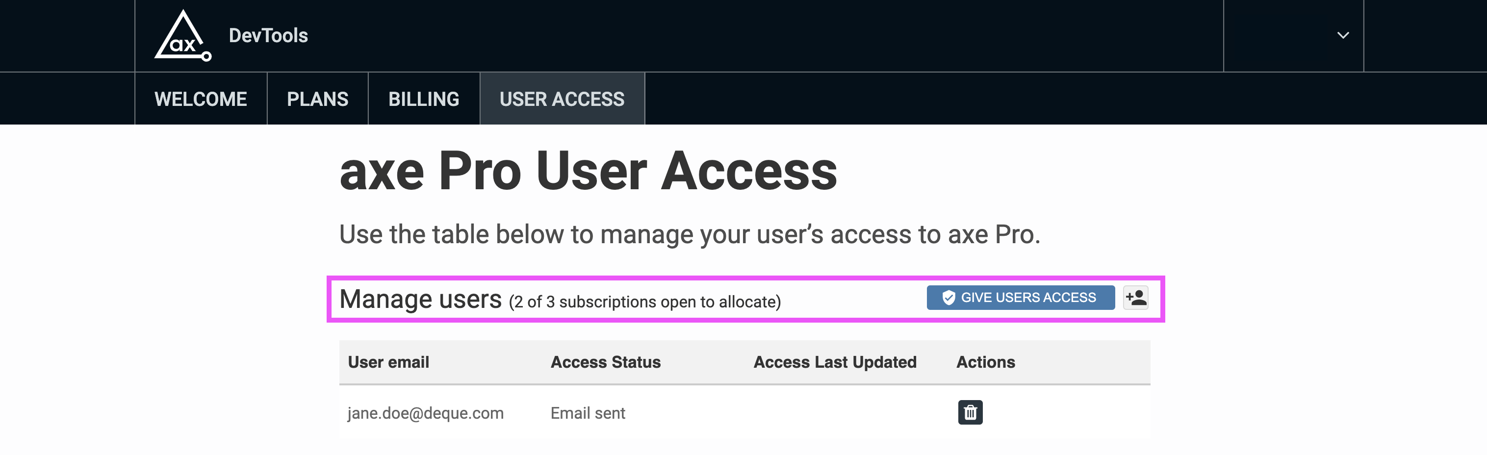 Screenshot of axe.deque.com new 'User Access' tab where you can manage and provision users.