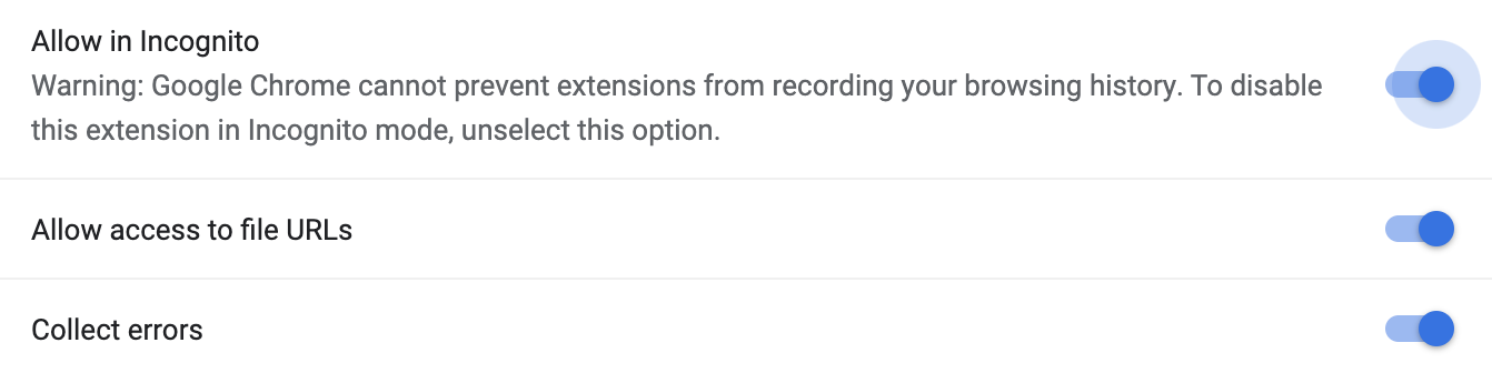 A screen capture of the axe DevTools Extension settings in Google Chrome. The options "All in Incognito", "All Access to File URLs", and "Collect Errors" are all turn on which will allow for greater usage of the axe DevTools extension.