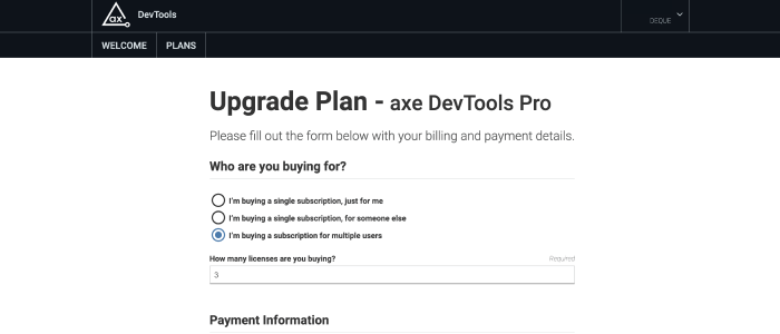 Screenshot of Upgrade Plan page in axe.deque.com that allows users to now choose from 3 options: buy a single subscription for you or someone else, and buy multiple subscriptions for your team online.