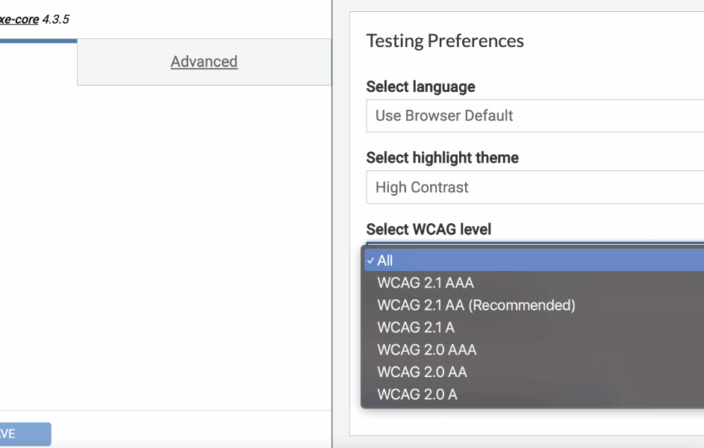 axeDevTools extension 4.18 release Select WCAG level light mode