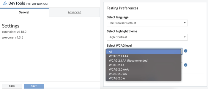 Screenshot of new axe DevTools (Pro) browser extension feature which allows you to select the WCAG level for your tests.