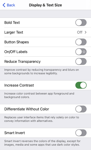 Display & Test Size setting with Increase Contrast enabled